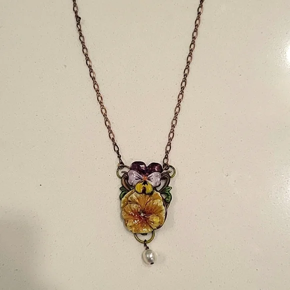 SOLD !! β¨ Vintage Copper Necklace with Handpainted Pendant β¨ - Picture 3 of 4